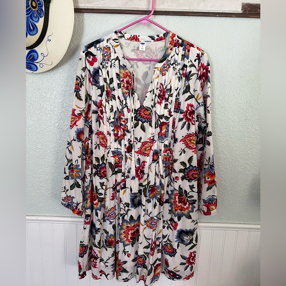 Floral Print Long Sleeve Dress - Old Navy - Pleated Front with Tassel Ties
